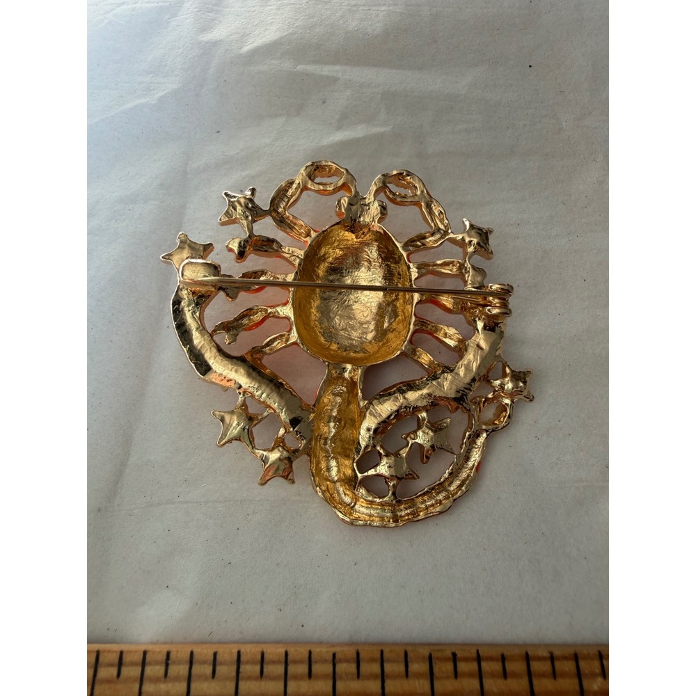 Gold Tone Orange Enamel Scorpion Brooch Pink Rhinestone Celestial Star Pin - Picture 3 of 5